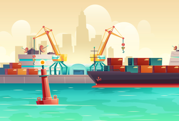 Cargo ship docked at a port with cranes loading colorful shipping containers against a city skyline background.