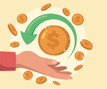 Illustration of a hand with a large coin featuring a dollar sign and multiple smaller coins swirling around it with a green arrow above.