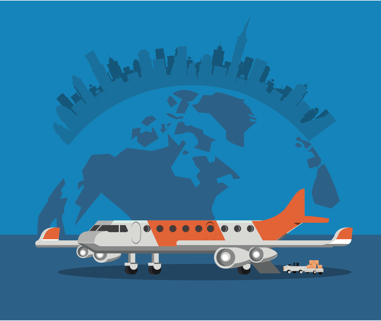 Illustration of an airplane with orange and white colors on runway, loading cargo with a globe and city skyline in the background.