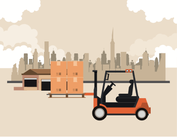 Orange forklift carrying stacked boxes near a warehouse with a city skyline in the background.