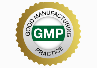 Gold and silver circular emblem with the text Good Manufacturing Practice surrounding a green GMP label in the center.