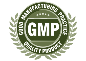 Green circular GMP certification badge with text Good Manufacturing Practice and Quality Product surrounded by laurel leaves.