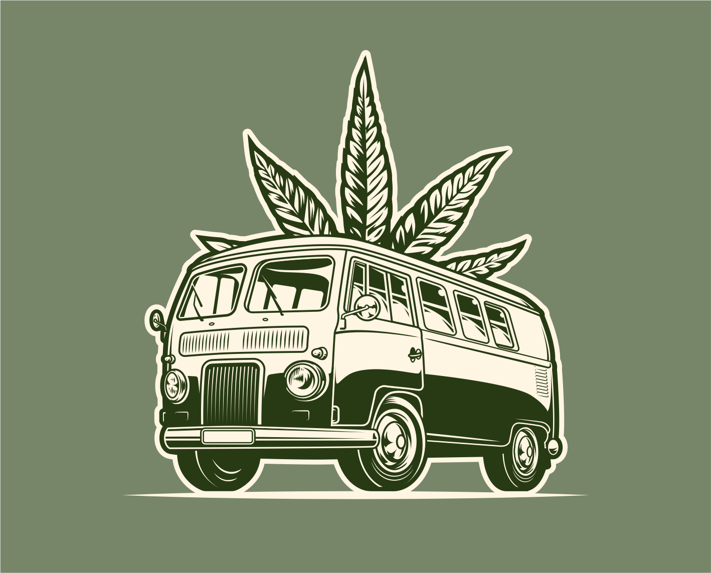 Illustration of a vintage camper van with large cannabis leaves emerging from its roof on a green background.