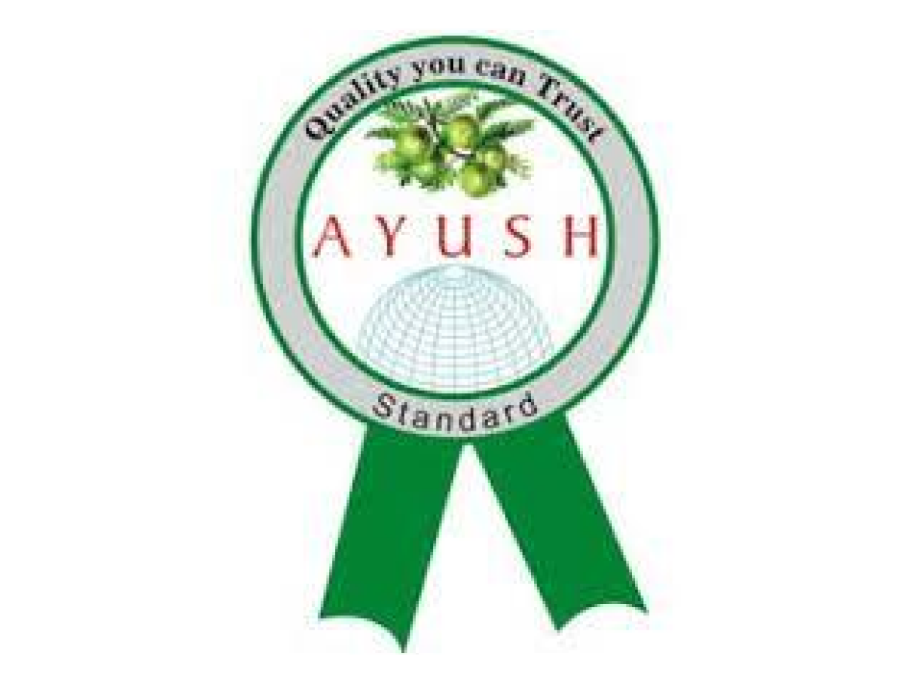 Green and white quality seal with the text 'Quality you can Trust' and 'standard,' featuring green fruits and a globe grid, labeled AYUSH.