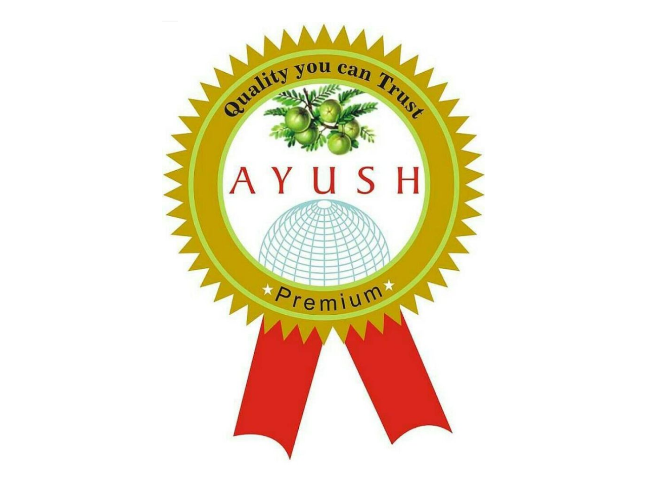 Gold seal with red ribbons featuring a branch with green fruits, a globe illustration, and text reading 'Quality you can Trust AYUSH Premium.'