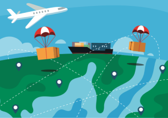 Illustration of global shipping with airplane and cargo ship transporting parcels via air and sea over a map with location markers.