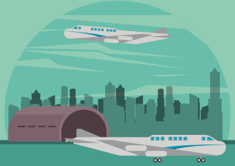 Two airplanes near an airport hangar with a city skyline and cloudy sky in the background.