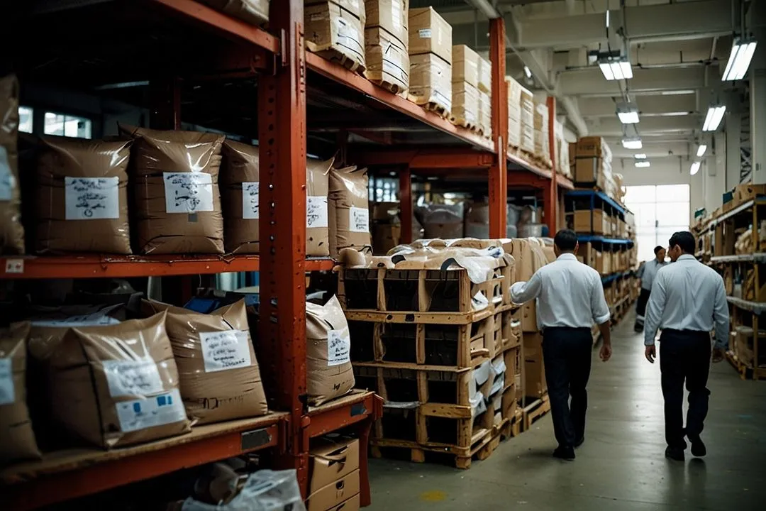 Two men in white shirts walking through a warehouse aisle with shelves stacked with large brown bags and boxes.