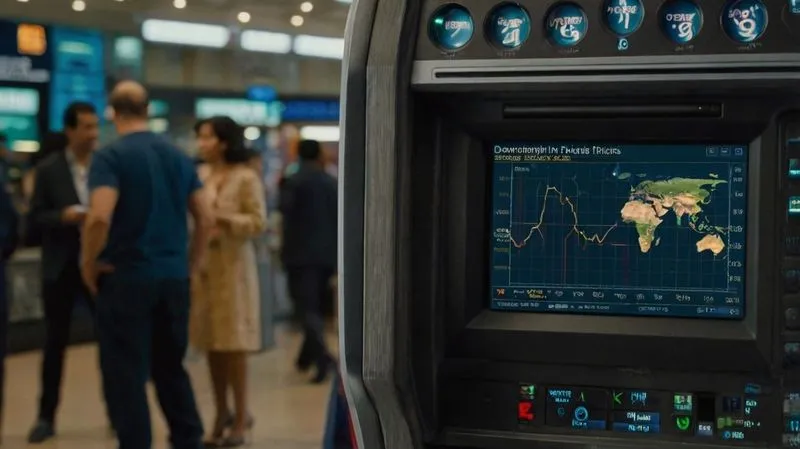 ATM screen displaying a world map with fluctuating stock market data, with people blurred in the background inside a building.
