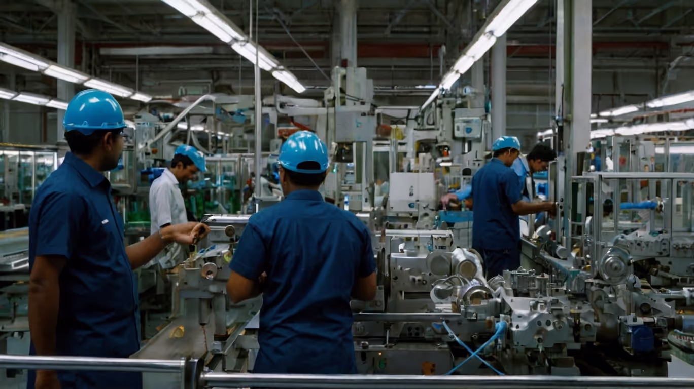 Factory workers wearing blue uniforms and helmets operating machinery on a production line inside an industrial facility.
