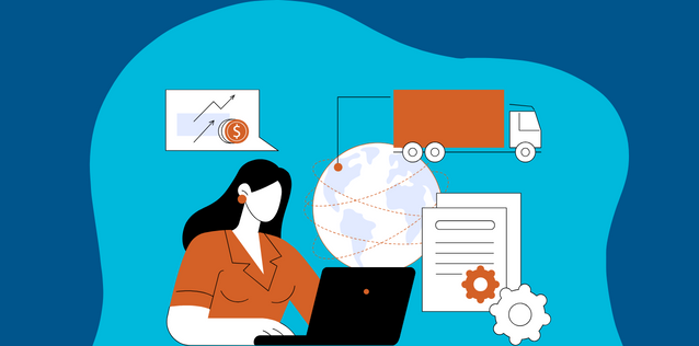 Illustration of a woman working on a laptop with icons of a globe, truck, document, gears, and a speech bubble showing a rising graph and dollar sign symbolizing export and logistics.